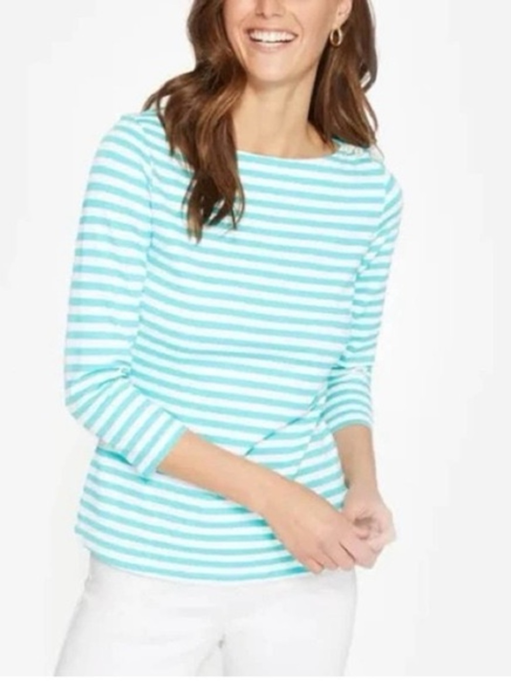 J McLaughlin Aqua Blue Striped Sinclair 3/4 Sleeve Shirt